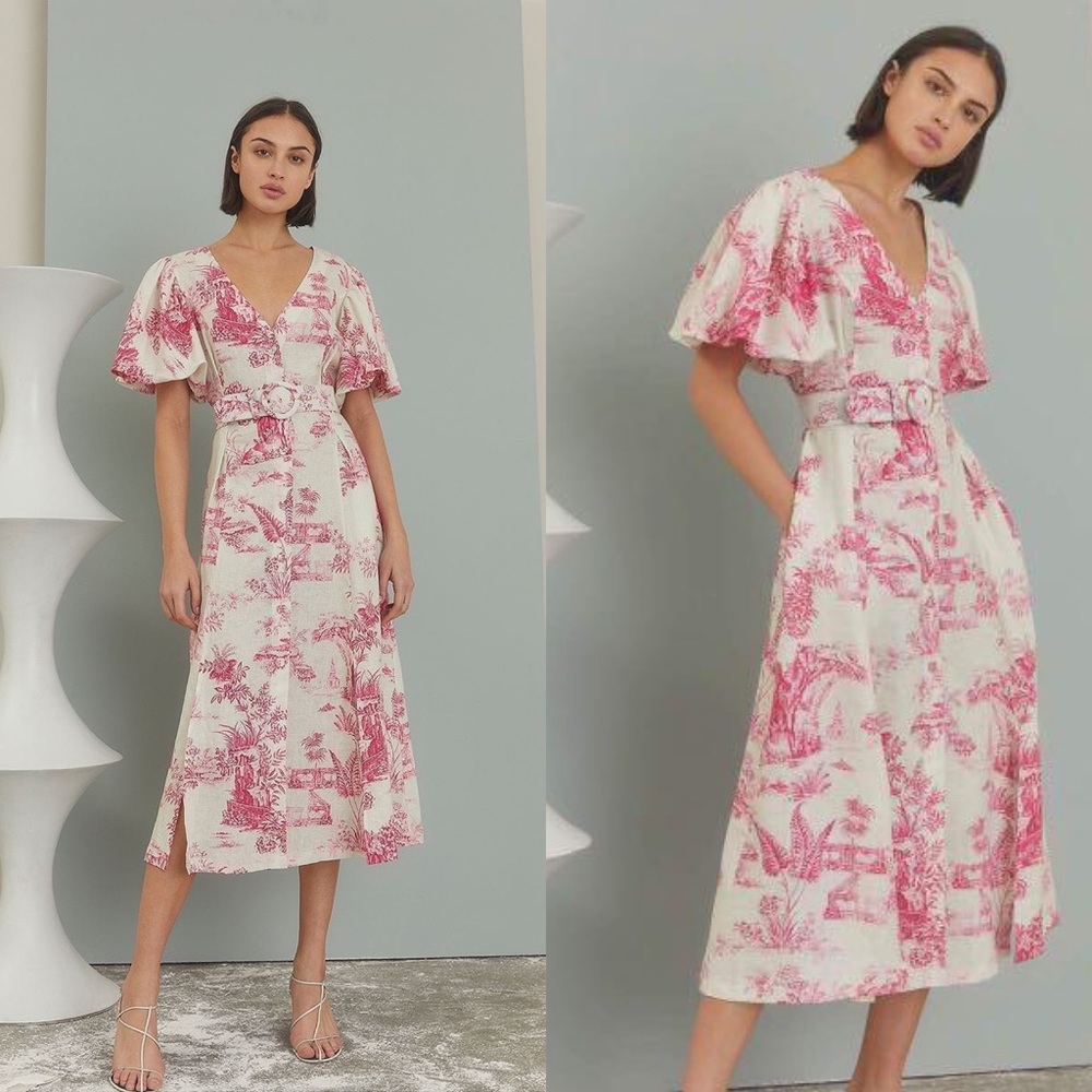 Nicholas Troy Pink Toile French Pattern Midi Dress - Picture 2 of 13